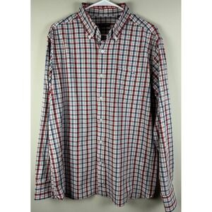 Fish Hippie Mens Long Sleeve Button‎ Down Shirt Red Blue Plaid Size Large